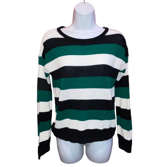 THE LIMITED Open Weave Knit Striped Green White Black Sweater - Women’s Small - Picture 7 of 13